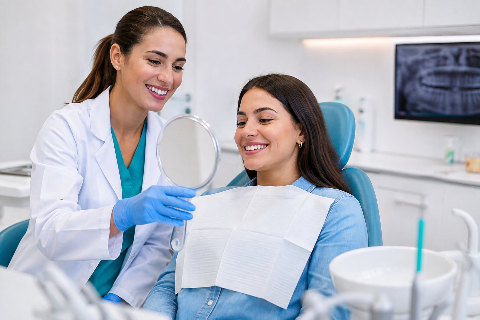 Smiling dental professional with a patient in a modern dental office.